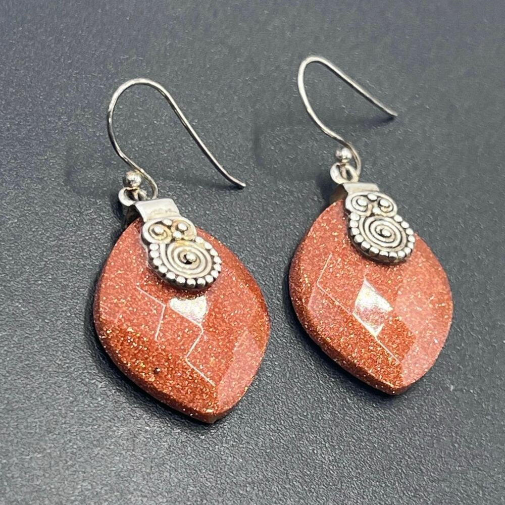 Sterling Silver 925 Goldstone Faceted Glass Glittering‎ Speckled Dangle earrings